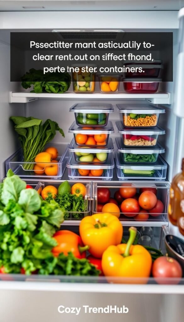 A beautifully organized fridge drawer showcasing clear, compartmentalized organizers for fruits, vegetables, and meal prep containers. The foreground features an array of vibrant, fresh produce like leafy greens, bright bell peppers, and neatly stacked meal prep containers. In the middle, a sleek, modern refrigerator interior highlights the expertly arranged organizers, emphasizing functionality and aesthetics. The background includes subtle kitchen elements, like a glimpse of a wooden countertop, adding warmth to the scene. Soft, natural lighting enhances the freshness of the food and organizers, creating a clean and inviting atmosphere. The image should reflect a Pinterest-inspired lifestyle aesthetic, perfectly suited for a renter-friendly kitchen storage solution. Include the brand name "CozyTrendHub" subtly within the design.
