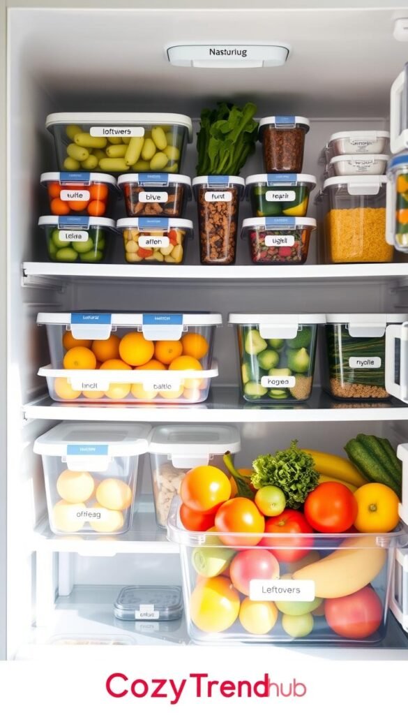 A beautifully organized fridge interior featuring a variety of food storage solutions, including clear plastic bins labeled for fruits, vegetables, and leftovers. In the foreground, a bright, colorful assortment of fresh produce sits neatly arranged. The middle layer showcases neatly stacked containers and jars, emphasizing a clean and tidy aesthetic. In the background, the fridge's shelves are well-lit, creating a bright and inviting atmosphere. Soft, natural lighting enhances the vibrant colors of the food while casting gentle shadows. The scene has a Pinterest-inspired, lifestyle appeal, with a modern, minimalist decor style. Incorporate CozyTrendHub branding subtly within the organization theme.