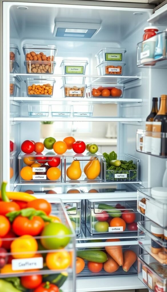 A beautifully organized fridge showcasing various fridge organizers, emphasizing clear compartments and stylish storage solutions. In the foreground, vibrant fruits and vegetables neatly arranged in transparent bins with labels, reflecting freshness. The middle section features shelf dividers and stackable containers highlighting modern design and practicality. The background includes a bright kitchen scene with soft natural lighting, accentuating the fridge's sleek stainless steel finish. Use a slightly angled perspective to capture the depth of the fridge's interior, while ensuring the surrounding kitchen decor is minimalistic and inviting. Aim for a warm and homey atmosphere that resonates with the CozyTrendHub aesthetic, promoting a sense of order and freshness. A beautifully organized fridge showcasing various fridge organizers, emphasizing clear compartments and stylish storage solutions. In the foreground, vibrant fruits and vegetables neatly arranged in transparent bins with labels, reflecting freshness. The middle section features shelf dividers and stackable containers highlighting modern design and practicality. The background includes a bright kitchen scene with soft natural lighting, accentuating the fridge's sleek stainless steel finish. Use a slightly angled perspective to capture the depth of the fridge's interior, while ensuring the surrounding kitchen decor is minimalistic and inviting. Aim for a warm and homey atmosphere that resonates with the CozyTrendHub aesthetic, promoting a sense of order and freshness.