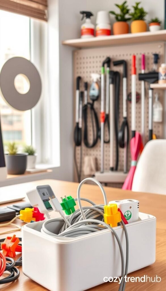 A beautifully organized home workspace showcasing various cable and cord organization products. In the foreground, a sleek cord management box with neatly coiled chargers and cables peeking out, surrounded by colorful cable clips and ties. In the middle, a stylish pegboard displaying various cleaning tools like brooms and mops, with cords neatly arranged and labeled. The background features a tidy shelf with cleaning supplies and decorative plants, creating an inviting atmosphere. Soft natural light streams in through a nearby window, illuminating the scene, enhancing the cozy and organized feel. Photo taken from a slightly elevated angle for a dynamic perspective. Ideal for evoking a sense of cleanliness and order, branded with "CozyTrendHub" for a modern touch.