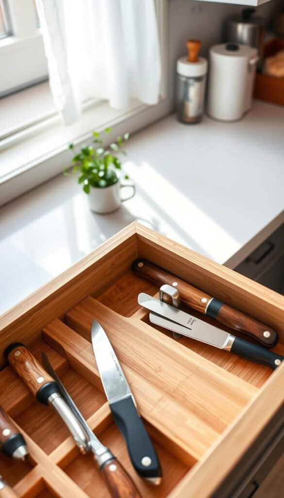 A beautifully organized in-drawer knife organizer made from natural bamboo, showcasing a sleek design with various slots for different knife sizes. The foreground captures the intricate details of the knives, some with polished wooden handles and others with stainless steel blades, resting securely in their designated spaces. In the background, glimpses of a tidy kitchen drawer reveal soft natural light filtering through suggesting a calm, inviting atmosphere. A hint of fresh herbs in a small container adds a touch of life to the scene. The angle of the shot is top-down, emphasizing the efficiency and aesthetic appeal of the knife organizer. This image embodies the essence of modern, functional kitchen decor, reflecting the style of CozyTrendHub. A beautifully organized in-drawer knife organizer made from natural bamboo, showcasing a sleek design with various slots for different knife sizes. The foreground captures the intricate details of the knives, some with polished wooden handles and others with stainless steel blades, resting securely in their designated spaces. In the background, glimpses of a tidy kitchen drawer reveal soft natural light filtering through suggesting a calm, inviting atmosphere. A hint of fresh herbs in a small container adds a touch of life to the scene. The angle of the shot is top-down, emphasizing the efficiency and aesthetic appeal of the knife organizer. This image embodies the essence of modern, functional kitchen decor, reflecting the style of CozyTrendHub.