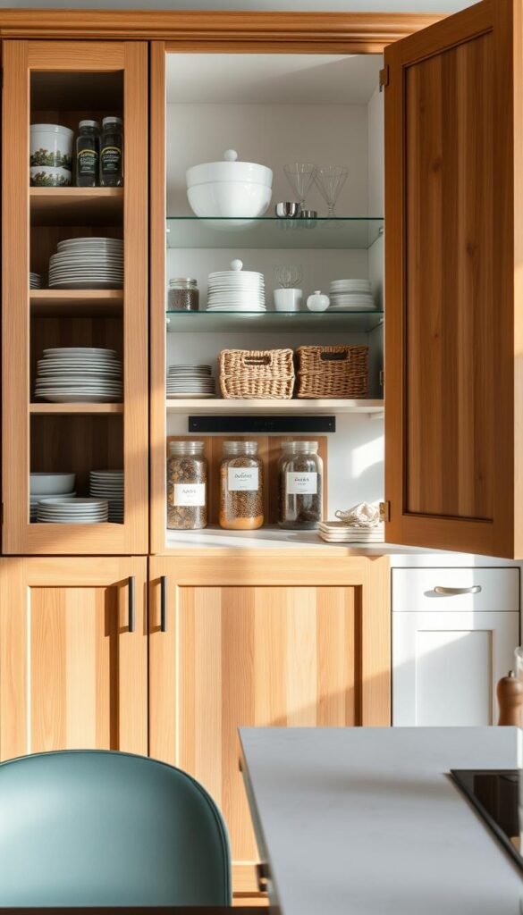 A beautifully organized kitchen cabinet designed for small spaces, showcasing a mix of open shelves and closed doors, filled with neatly arranged dishes, glassware, and clipped spices. In the foreground, emphasize a stylish wooden cabinet in a warm, inviting hue, with soft, natural lighting casting gentle shadows. The middle ground features decorative storage solutions like wicker baskets and labeled jars for organization. The background softly fades to an elegant kitchen setting, featuring pastel-colored walls and minimalistic decor. Capture a cozy, clutter-free atmosphere that reflects efficiency and aesthetics in home organization. Ideal for the modern apartment dweller. Styled to represent CozyTrendHub.