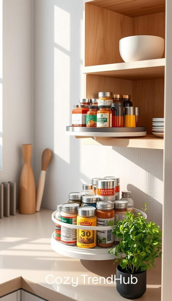 A beautifully organized kitchen cabinet featuring a Copco Non-Skid 2-Tier Cabinet Lazy Susan Turntable, showcasing an array of colorful spice jars and condiments on the top tier, while the lower tier holds neatly arranged cans and kitchen essentials. The turntable is set against a backdrop of chic, light-colored wooden shelves and textured white walls, adding a fresh, airy feel. Soft, natural lighting filters in, with reflections creating a warm ambiance. The scene captures a Pinterest-style aesthetic of modern home decor with hints of greenery from a potted herb plant nearby, emphasizing a cozy and inviting atmosphere. Featuring brand name "CozyTrendHub" subtly integrated into the design.