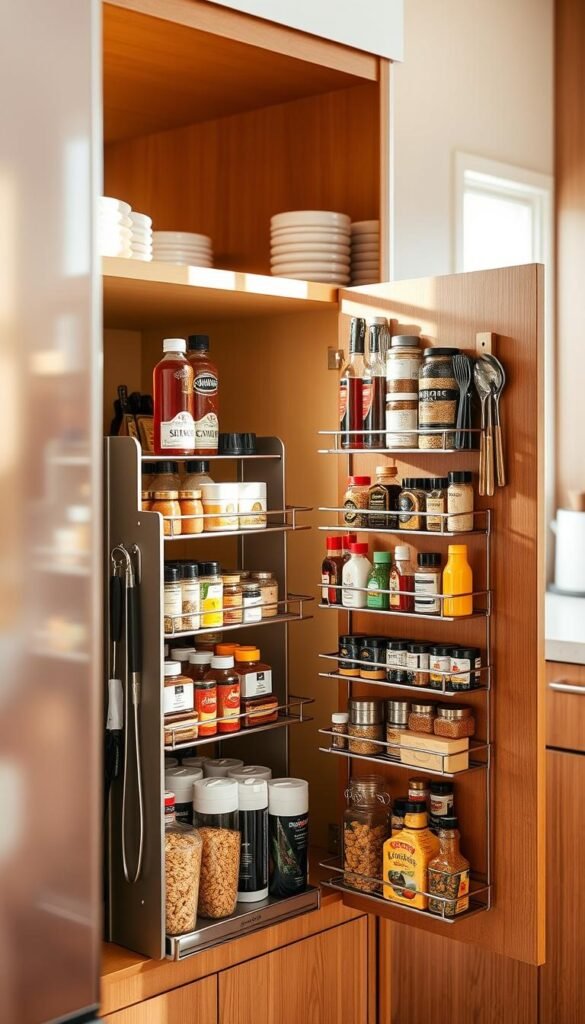 A beautifully organized kitchen cabinet featuring a "quick picks organizer" from CozyTrendHub. In the foreground, showcase a sleek, multi-tiered storage rack filled with various spices, cooking oils, and kitchen tools, all easily accessible. The middle section should highlight the cabinet door open, revealing neatly stacked containers and a clutter-free space. In the background, soft sunlight streams through a nearby window, illuminating the warm wooden cabinet and creating a cozy atmosphere. Capture this scene with a shallow depth of field to emphasize the organizer, using natural light to enhance the inviting feel of the kitchen, while maintaining a harmonious color palette that resonates with modern home decor trends.