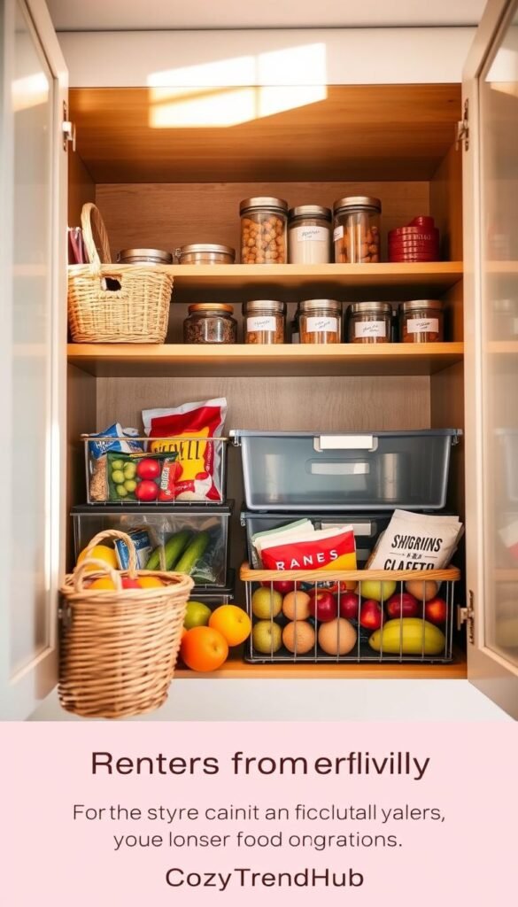 A beautifully organized kitchen cabinet filled with various baskets and bins, designed for renter-friendly storage solutions. In the foreground, a woven basket is neatly arranged with colorful fruits, while a clear acrylic bin holds packaged snacks. The middle section showcases wooden shelves with decorative jars and labeled containers that reduce "lost food" clutter. The background features soft, natural light streaming through a nearby window, illuminating the cabinet&rsquo;s interior and creating a warm, inviting atmosphere. The perspective is slightly angled, emphasizing the depth of the cabinet while capturing the overall aesthetic of modern home decor. The scene has a Pinterest-style vibe, showcasing the branding "CozyTrendHub" subtly integrated into the design elements.