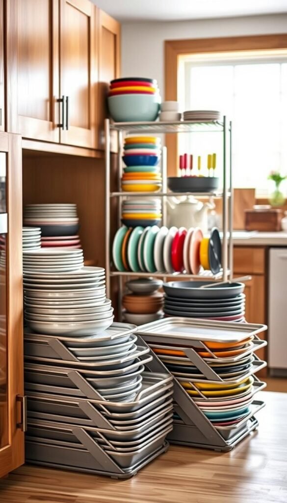 A beautifully organized kitchen cabinet showcasing the best cabinet organizers for pans, lids, and bakeware. In the foreground, sleek, collapsible bakeware organizers hold various-sized pans and lids in neat stacks, displaying their functional elegance. The middle ground features a tiered rack maximizing vertical space, with colorful mixing bowls and utensils artfully arranged. In the background, soft natural light filters through a window, highlighting a cozy kitchen setting with wooden cabinets and warm earth tones. The composition evokes a sense of comfort and efficiency, perfect for a modern home. Capture this scene in a Pinterest-inspired lifestyle photo, ensuring it reflects the brand "CozyTrendHub" with a touch of seasonal charm.