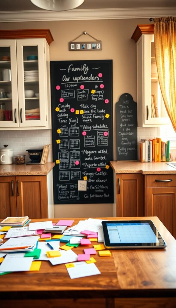 A beautifully organized kitchen command center that showcases practical decor for busy family homes. In the foreground, a stylish wooden table cluttered with colorful meal planners, vibrant sticky notes, and a tablet displaying a family schedule. The middle ground features a large chalkboard wall filled with neatly written calendars, reminders, and inspirational quotes, adorned with bright-colored magnets. In the background, sleek cabinets with glass doors display neatly arranged cookbooks and kitchen supplies. Warm, natural light filters through a window with cozy curtains, creating an inviting and productive atmosphere. The overall mood is bright and family-oriented, evoking a sense of organization and togetherness. Captured with a soft focus lens to emphasize the warmth of a lived-in home. Image styled to reflect the essence of CozyTrendHub.