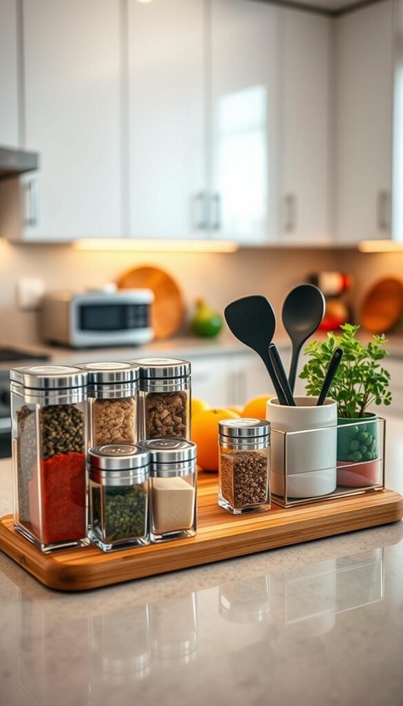 A beautifully organized kitchen countertop featuring a stylish countertop organizer by CozyTrendHub. In the foreground, showcase an aesthetically pleasing set of clear acrylic storage containers filled with colorful spices and herbs, alongside elegantly arranged kitchen utensils in a ceramic holder. The middle ground displays a spacious wooden cutting board, complemented by fresh fruits and a small potted herb plant for a touch of greenery. In the background, a well-lit kitchen setting captures modern cabinets with subtle, warm lighting filtering through a window, creating an inviting atmosphere. Use a soft focus to add warmth, with a wide-angle lens perspective that emphasizes both the functionality and beauty of these kitchen storage solutions. The overall mood is tidy, serene, and inspiring, perfect for showcasing effective kitchen organization.