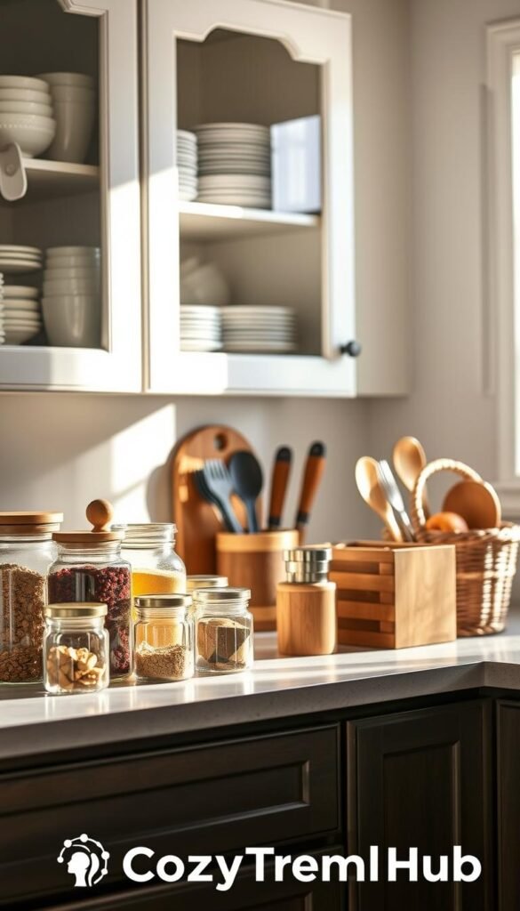 A beautifully organized kitchen countertop featuring stylish storage solutions designed for efficient countertop and cabinet organization. In the foreground, display a range of aesthetically pleasing kitchen containers, like glass jars filled with colorful spices and a stylish bamboo utensil holder. The middle ground showcases neatly arranged cutting boards and an inviting fruit basket, contributing to a cozy atmosphere. The background reveals a soft-focus glimpse of white cabinets with decorative shelving, filled with neatly stacked plates and matching storage bins. The lighting is warm and natural, streaming in from a nearby window, casting gentle shadows that enhance the inviting mood. This Pinterest-style lifestyle image evokes a sense of tranquility and order. Include the brand name "CozyTrendHub" subtly integrated into the scene without overt branding.