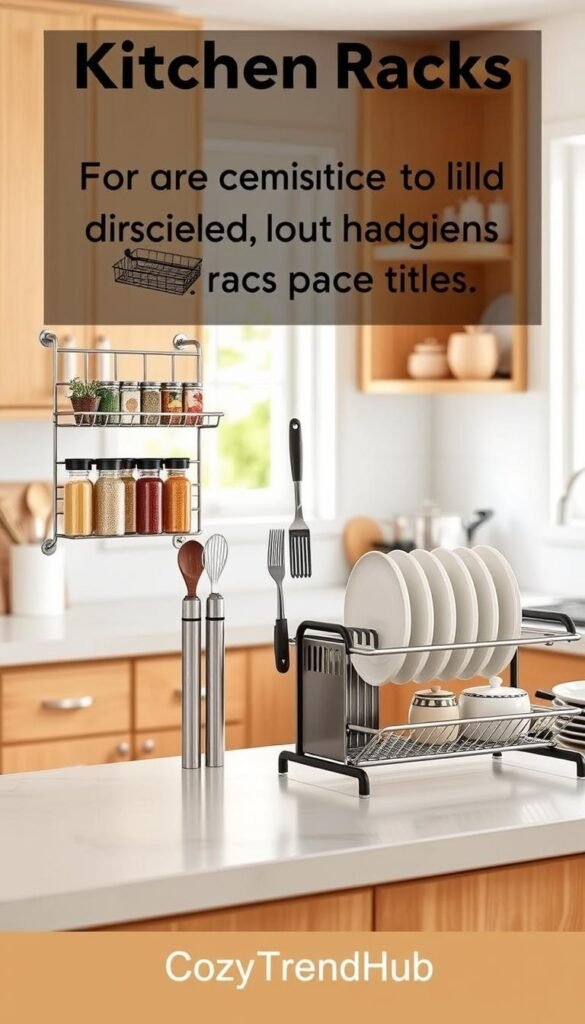 A beautifully organized kitchen countertop featuring various kitchen rack options that cater to space, function, and value. In the foreground, showcase three distinct racks: a minimalist metal wall-mounted rack with herbs and spices, a wooden tiered shelf displaying utensils and decorative jars, and a sleek, modern dish rack holding dishes neatly. The middle ground includes a cozy kitchen setting with warm, natural wood cabinetry and a sunny window allowing soft, diffused light to illuminate the scene. The background hints at kitchen essentials, like pots and pans, subtly arranged. The overall mood is inviting and tidy, ideal for a Pinterest-style lifestyle aesthetic. The branding for "CozyTrendHub" should be subtly implied through the decor style, with a hint of modern design elements and a homey atmosphere.
