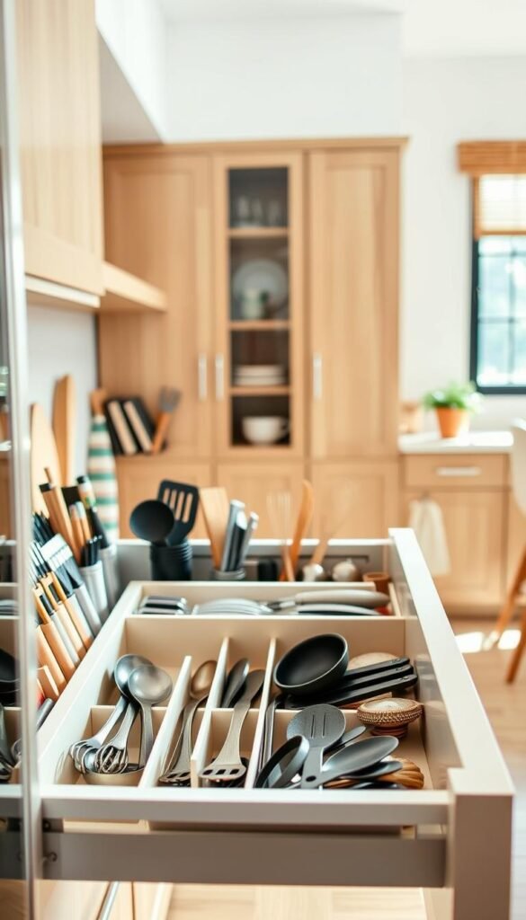 A beautifully organized kitchen drawer brimming with a variety of utensils, tools, and kitchen gadgets, showcasing a sleek drawer organizer in neutral colors. In the foreground, highlight compartments filled with measuring spoons, spatulas, and whisks, all neatly arranged to convey efficiency. The middle section features a well-lit, minimalistic kitchen setting with natural wood cabinetry and soft, inviting textures. The background includes a hint of a cozy kitchen environment, perhaps a potted herb or a subtle view of a countertop, creating a warm atmosphere. The lighting should be bright yet soft, emulating a sunny morning. Capture the essence of tidy organization with a Pinterest-style aesthetic that embodies home decor trends from CozyTrendHub. A beautifully organized kitchen drawer brimming with a variety of utensils, tools, and kitchen gadgets, showcasing a sleek drawer organizer in neutral colors. In the foreground, highlight compartments filled with measuring spoons, spatulas, and whisks, all neatly arranged to convey efficiency. The middle section features a well-lit, minimalistic kitchen setting with natural wood cabinetry and soft, inviting textures. The background includes a hint of a cozy kitchen environment, perhaps a potted herb or a subtle view of a countertop, creating a warm atmosphere. The lighting should be bright yet soft, emulating a sunny morning. Capture the essence of tidy organization with a Pinterest-style aesthetic that embodies home decor trends from CozyTrendHub.