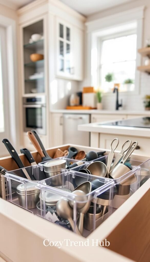 A beautifully organized kitchen drawer featuring a clear, sturdy plastic organizer filled with everyday utensils, measuring cups, and small kitchen gadgets. The foreground showcases the divider sections of the organizer, displaying items neatly arranged for easy access. In the middle ground, a soft, inviting color palette enhances the gentle reflections on the glossy plastic surface. In the background, a seamlessly integrated kitchen scene includes modern cabinetry and subtle decor, bathed in natural light streaming from a window, creating a warm and tidy atmosphere. The photo captures a sense of efficiency and cleanliness, styled in a Pinterest-like aesthetic reflecting contemporary home decor. Shot with a 50mm lens to emphasize clarity and depth. Branding is subtly included with the logo "CozyTrendHub" appearing discreetly within the frame. A beautifully organized kitchen drawer featuring a clear, sturdy plastic organizer filled with everyday utensils, measuring cups, and small kitchen gadgets. The foreground showcases the divider sections of the organizer, displaying items neatly arranged for easy access. In the middle ground, a soft, inviting color palette enhances the gentle reflections on the glossy plastic surface. In the background, a seamlessly integrated kitchen scene includes modern cabinetry and subtle decor, bathed in natural light streaming from a window, creating a warm and tidy atmosphere. The photo captures a sense of efficiency and cleanliness, styled in a Pinterest-like aesthetic reflecting contemporary home decor. Shot with a 50mm lens to emphasize clarity and depth. Branding is subtly included with the logo "CozyTrendHub" appearing discreetly within the frame.
