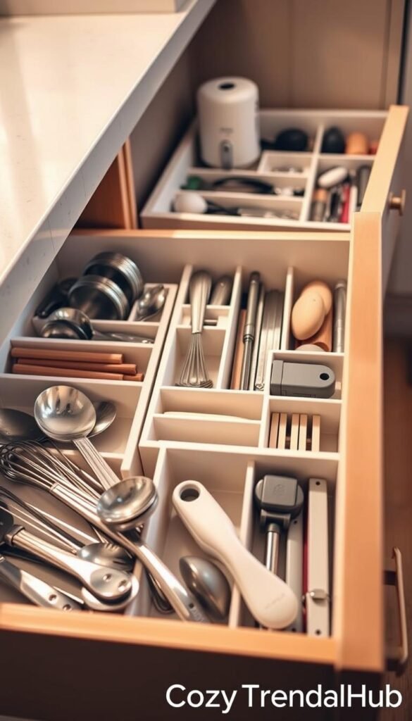 A beautifully organized kitchen drawer featuring an assortment of stylish drawer organizers in soft, neutral tones. The foreground showcases various compartments neatly filled with utensils like measuring spoons, whisks, and kitchen gadgets, all arranged harmoniously. The middle section reveals flexible dividers that create distinct spaces for items, enhancing tidiness. In the background, a partially open drawer reveals additional storage solutions, emphasizing accessibility and order. The lighting is soft and warm, creating a cozy atmosphere that invites viewers in, as if they could reach out and use the objects. Shot with a shallow depth of field to highlight the organized items, this Pinterest-style image embodies the essence of effective drawer organization, branded with the name "CozyTrendHub" to reflect a modern home decor aesthetic.
