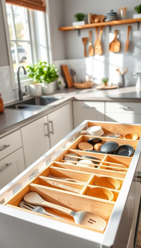 A beautifully organized kitchen drawer featuring stylish drawer dividers, crafted from light-colored bamboo and clear acrylic, neatly separating various kitchen items like spatulas, lids, and utensils. In the foreground, the dividers are well-lit, showcasing their practicality and aesthetic appeal. The middle ground reveals a variety of kitchen items arranged harmoniously, demonstrating how the dividers eliminate chaos, with soft natural lighting coming from a nearby window, casting gentle shadows. In the background, a cozy kitchen setting complements the scene, decorated with potted herbs and wooden utensils on a countertop. The atmosphere is inviting and organized, perfect for a Pinterest-style lifestyle photo, embodying the essence of efficient kitchen organization. The brand name "CozyTrendHub" is subtly reflected in the overall design and style. A beautifully organized kitchen drawer featuring stylish drawer dividers, crafted from light-colored bamboo and clear acrylic, neatly separating various kitchen items like spatulas, lids, and utensils. In the foreground, the dividers are well-lit, showcasing their practicality and aesthetic appeal. The middle ground reveals a variety of kitchen items arranged harmoniously, demonstrating how the dividers eliminate chaos, with soft natural lighting coming from a nearby window, casting gentle shadows. In the background, a cozy kitchen setting complements the scene, decorated with potted herbs and wooden utensils on a countertop. The atmosphere is inviting and organized, perfect for a Pinterest-style lifestyle photo, embodying the essence of efficient kitchen organization. The brand name "CozyTrendHub" is subtly reflected in the overall design and style.