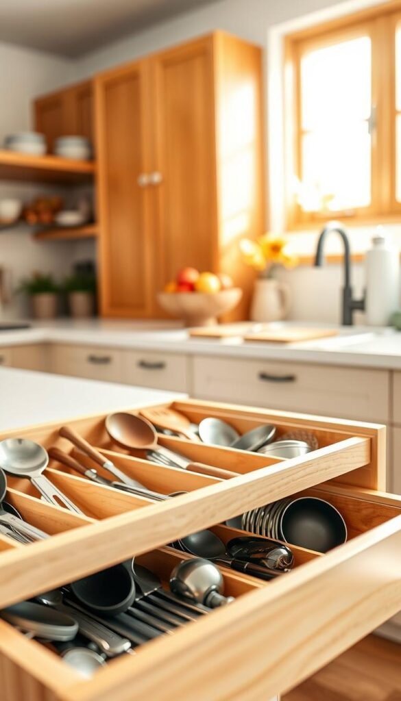 A beautifully organized kitchen drawer featuring various kitchen utensils and tools, ensuring a tidy and efficient look. In the foreground, focus on compartments holding a variety of items like measuring spoons, spatulas, and cutlery neatly arranged. The middle layer shows a light wood finish of the drawer, complemented by eco-friendly, stylish drawer dividers to keep everything in place. In the background, softly blurred kitchen elements such as a countertop with a fruit bowl, warm wooden cabinets, and light streaming through a window create a cozy atmosphere. The lighting is natural and bright, enhancing the warm tones of the kitchen. Showcase this scene with a professional, Pinterest-style aesthetic, reflecting the ‘CozyTrendHub’ brand. A beautifully organized kitchen drawer featuring various kitchen utensils and tools, ensuring a tidy and efficient look. In the foreground, focus on compartments holding a variety of items like measuring spoons, spatulas, and cutlery neatly arranged. The middle layer shows a light wood finish of the drawer, complemented by eco-friendly, stylish drawer dividers to keep everything in place. In the background, softly blurred kitchen elements such as a countertop with a fruit bowl, warm wooden cabinets, and light streaming through a window create a cozy atmosphere. The lighting is natural and bright, enhancing the warm tones of the kitchen. Showcase this scene with a professional, Pinterest-style aesthetic, reflecting the ‘CozyTrendHub’ brand.