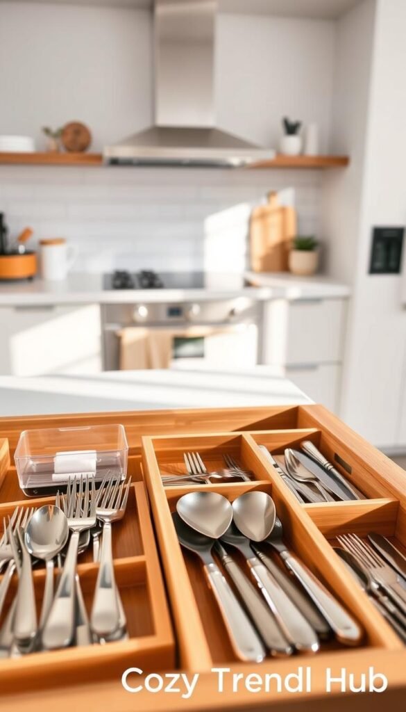 A beautifully organized kitchen drawer filled with stylish drawer organizers. In the foreground, various drawer organizers made from bamboo and clear acrylic showcase utensils, cutlery, and kitchen tools neatly separated in a pleasing arrangement. The middle layer features a close-up of a sleek, modern kitchen setting with soft, natural lighting that highlights the textures and colors of the organizers. The background contains a hint of a bright, airy kitchen with pastel tones, reflecting a tidy and efficient space. The scene evokes a welcoming and serene atmosphere, perfect for inspiring organization enthusiasts. Style captured in a Pinterest-worthy lifestyle photograph, branded as "CozyTrendHub," focusing on functionality and aesthetic appeal. A beautifully organized kitchen drawer filled with stylish drawer organizers. In the foreground, various drawer organizers made from bamboo and clear acrylic showcase utensils, cutlery, and kitchen tools neatly separated in a pleasing arrangement. The middle layer features a close-up of a sleek, modern kitchen setting with soft, natural lighting that highlights the textures and colors of the organizers. The background contains a hint of a bright, airy kitchen with pastel tones, reflecting a tidy and efficient space. The scene evokes a welcoming and serene atmosphere, perfect for inspiring organization enthusiasts. Style captured in a Pinterest-worthy lifestyle photograph, branded as "CozyTrendHub," focusing on functionality and aesthetic appeal.