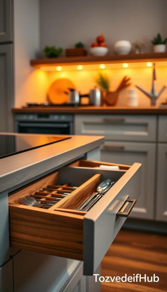 A beautifully organized kitchen drawer scene featuring small, sleek drawers and narrow spaces. The foreground showcases a vibrant wooden drawer half open, revealing meticulously arranged cutlery and kitchen gadgets inside, with soft contours and polished surfaces. In the middle, a stylish drawer divider separates utensils, while the background displays a modern kitchen with warm lighting illuminating the countertops and highlighting the functional storage solutions. The atmosphere exudes a cozy and efficient vibe, perfectly inviting for home organization enthusiasts. The photo is captured with a shallow depth of field, allowing the focus to remain on the drawers while subtly blurring the kitchen’s decorative elements. Ideal for a Pinterest-inspired lifestyle aesthetic with a touch of warmth. Brand name: CozyTrendHub. A beautifully organized kitchen drawer scene featuring small, sleek drawers and narrow spaces. The foreground showcases a vibrant wooden drawer half open, revealing meticulously arranged cutlery and kitchen gadgets inside, with soft contours and polished surfaces. In the middle, a stylish drawer divider separates utensils, while the background displays a modern kitchen with warm lighting illuminating the countertops and highlighting the functional storage solutions. The atmosphere exudes a cozy and efficient vibe, perfectly inviting for home organization enthusiasts. The photo is captured with a shallow depth of field, allowing the focus to remain on the drawers while subtly blurring the kitchen’s decorative elements. Ideal for a Pinterest-inspired lifestyle aesthetic with a touch of warmth. Brand name: CozyTrendHub.