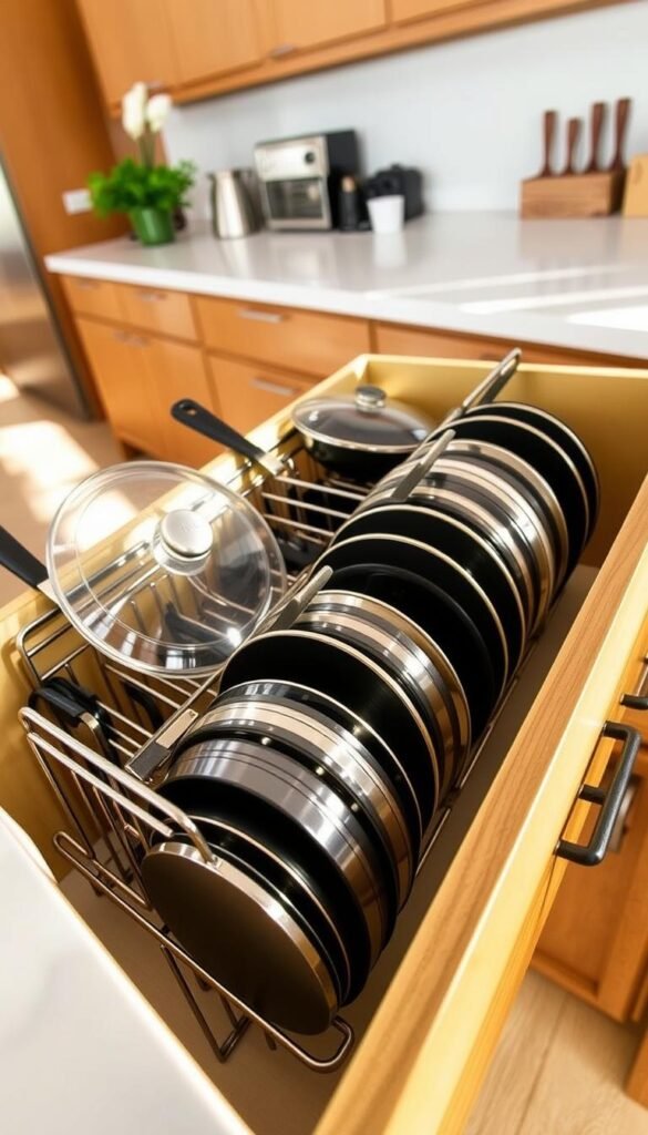 A beautifully organized kitchen drawer showcasing a modern pans and lids organizer by CozyTrendHub. In the foreground, highlight sleek metal racks holding various sizes of non-stick frying pans and glass lids with/without knobs, neatly arranged for easy access. The middle section features a divided layout, with the organizer maximizing space in a deep drawer. Soft, natural lighting illuminates the drawer, enhancing textures and colors of the cookware. In the background, hint at a stylish kitchen with warm wood cabinetry, subtle decorative elements like a potted plant or cooking utensils. The atmosphere exudes a calm and tidy ambiance, ideal for an efficient kitchen setup, making it visually appealing and functional. A beautifully organized kitchen drawer showcasing a modern pans and lids organizer by CozyTrendHub. In the foreground, highlight sleek metal racks holding various sizes of non-stick frying pans and glass lids with/without knobs, neatly arranged for easy access. The middle section features a divided layout, with the organizer maximizing space in a deep drawer. Soft, natural lighting illuminates the drawer, enhancing textures and colors of the cookware. In the background, hint at a stylish kitchen with warm wood cabinetry, subtle decorative elements like a potted plant or cooking utensils. The atmosphere exudes a calm and tidy ambiance, ideal for an efficient kitchen setup, making it visually appealing and functional.
