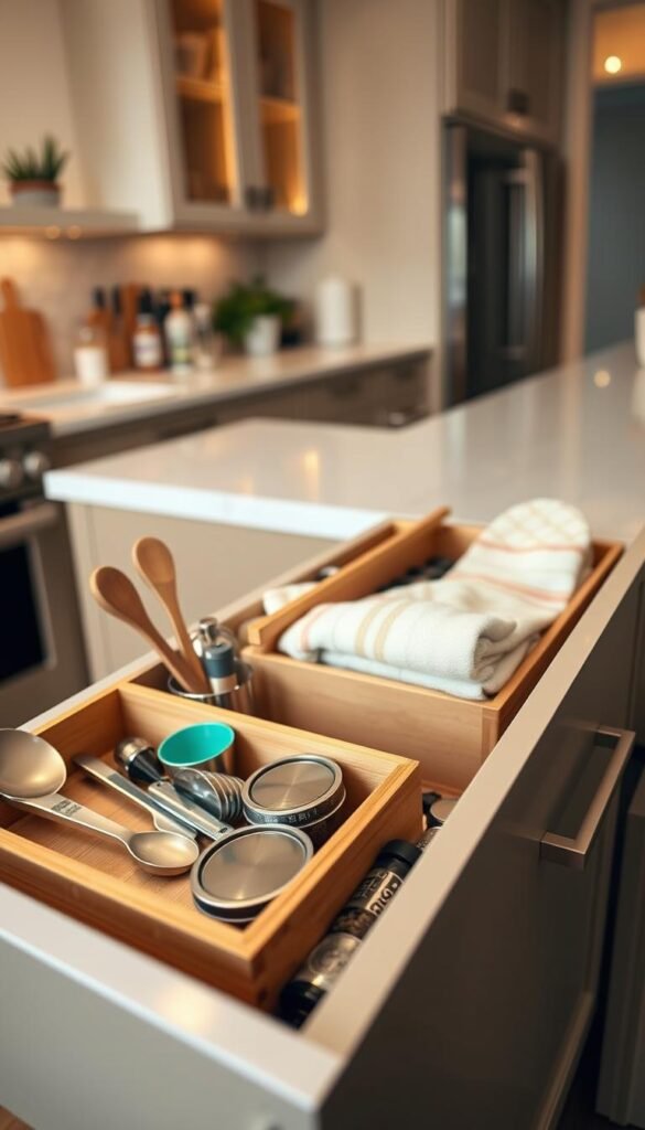 A beautifully organized kitchen drawer, showcasing a variety of stylish drawer organizers that neatly hold utensils, kitchen gadgets, and spices. In the foreground, highlight a bamboo utensil tray with a few colorful measuring spoons and a compact spice rack. The middle layer features a deep organizer filled with neatly stacked dish towels and oven mitts, displaying a harmonious blend of color and texture. In the background, a soft-focus view of an aesthetically pleasing kitchen with warm lighting enhances the cozy atmosphere. The scene is captured with a slightly elevated angle, encouraging viewers to appreciate the organization and design. The overall feel is inviting and practical, perfect for anyone looking to optimize their kitchen space, in line with the brand CozyTrendHub&rsquo;s style.
