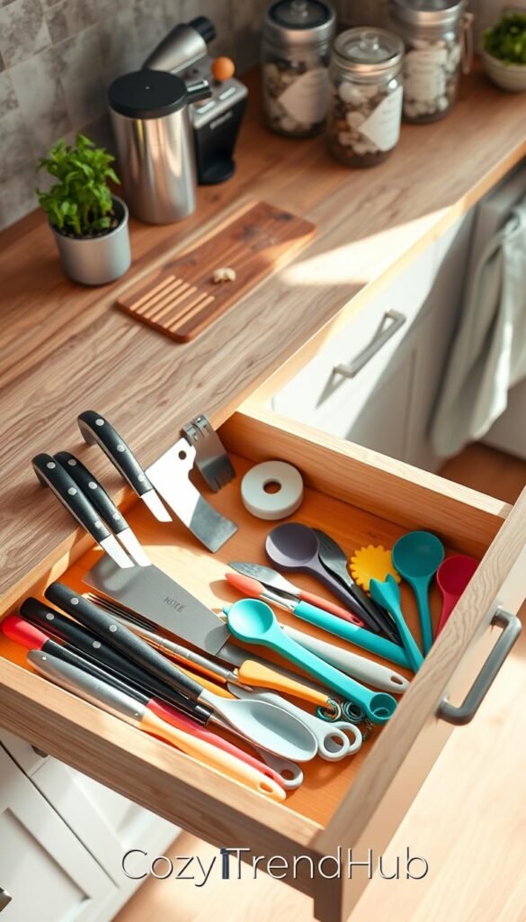 A beautifully organized kitchen drawer, showcasing an array of practical and stylish utensils and gadgets, including a sleek knife set, colorful silicone spatulas, and measuring spoons arranged neatly. The drawer is crafted from light wood with a smooth finish, illuminated by soft, natural lighting to create a warm and inviting atmosphere. In the background, a blurred kitchen countertop features trendy kitchen decor, such as a small potted herb and decorative jars, enhancing the homely feel. The image captures a top-down angle, highlighting the functionality and aesthetics of everyday kitchen essentials. Emphasize a sense of comfort and efficiency, representing small upgrades that enhance daily life. Include the brand name "CozyTrendHub" subtly in the scene for a cohesive look.