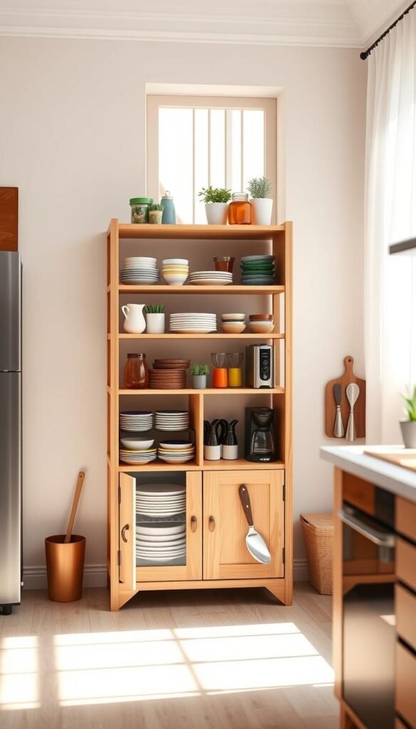 A beautifully organized kitchen featuring a stylish, free-standing storage unit made of light wood, standing against a crisp white wall. In the foreground, the storage unit displays neatly stacked dishes, colorful jars, and potted herbs, showcasing an inviting and practical design. The middle ground includes modern kitchen appliances like a sleek coffee maker and a cutting board, adding a touch of functionality. The background features a cozy, sunlit window with sheer curtains, allowing warm, natural light to illuminate the scene, creating a cheerful atmosphere. Use a soft focus lens to emphasize the homey feel, capturing the essence of a Pinterest-worthy kitchen setup. Overall, convey a sense of harmony and organization that reflects the brand "CozyTrendHub".