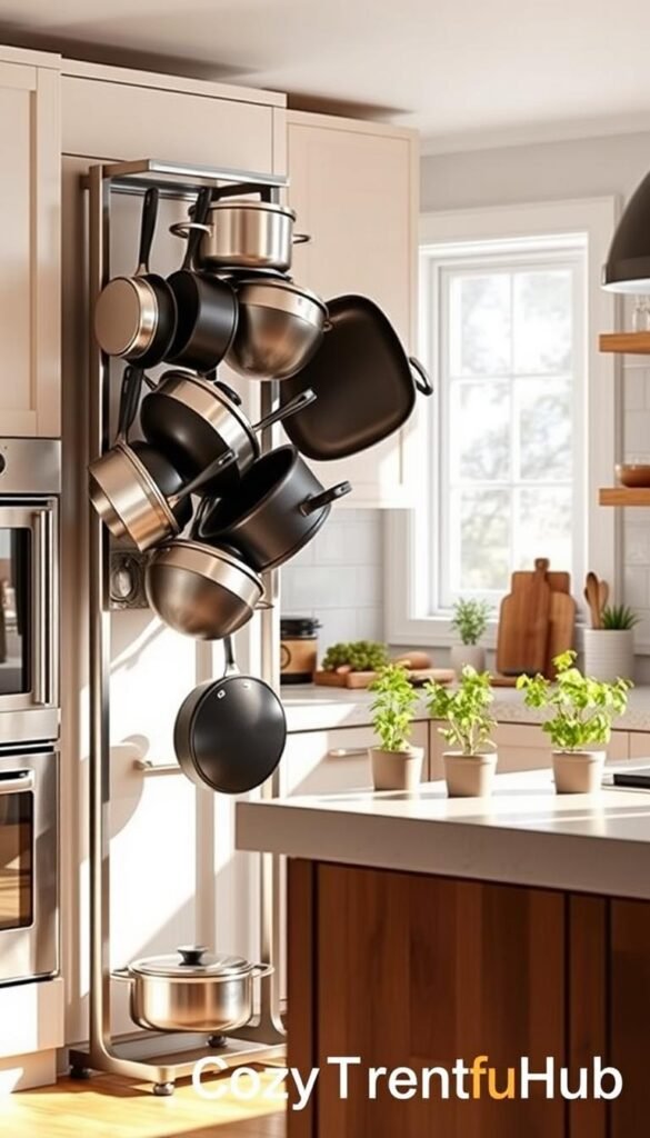 A beautifully organized kitchen featuring a stylish vertical rack specifically for heavy pots and pans, designed to prevent scratches during storage. The foreground showcases a sleek, modern vertical rack filled with a variety of pots and pans in different sizes, gleaming in polished stainless steel and rich cast iron. The middle ground highlights the kitchen countertop adorned with fresh herbs in small pots and essential cooking utensils, creating a cozy atmosphere. The background consists of light-colored cabinets and warm wooden accents, with soft, natural light streaming in through a nearby window, enhancing the inviting feel. The overall mood is warm, functional, and aesthetically pleasing, reminiscent of a Pinterest-worthy home decor. Include branding elements of "CozyTrendHub" subtly within the design, ensuring a harmonious look.