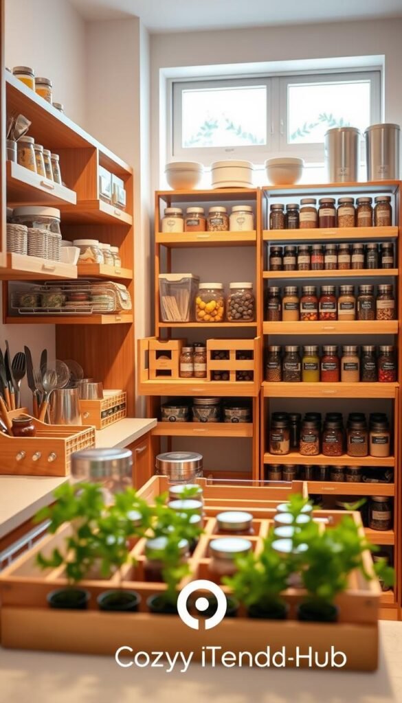 A beautifully organized kitchen featuring an array of stylish kitchen organizers, including cabinet shelves with clear food storage containers, drawer dividers for utensils, and tiered racks displaying spices. In the foreground, showcase wooden and plastic organizers in warm tones that highlight functionality and aesthetic appeal. The middle ground should feature neatly arranged jars and bins, labeled for easy access, surrounded by greenery like small potted herbs for a fresh look. In the background, a softly lit modern kitchen with natural light streaming through a window creates a cozy, inviting atmosphere. The scene should evoke a sense of order and tranquility, reminiscent of Pinterest-inspired home decor. A subtle brand logo "CozyTrendHub" can be integrated into the scene for branding consistency, ensuring no text overlays detract from the visual. A beautifully organized kitchen featuring an array of stylish kitchen organizers, including cabinet shelves with clear food storage containers, drawer dividers for utensils, and tiered racks displaying spices. In the foreground, showcase wooden and plastic organizers in warm tones that highlight functionality and aesthetic appeal. The middle ground should feature neatly arranged jars and bins, labeled for easy access, surrounded by greenery like small potted herbs for a fresh look. In the background, a softly lit modern kitchen with natural light streaming through a window creates a cozy, inviting atmosphere. The scene should evoke a sense of order and tranquility, reminiscent of Pinterest-inspired home decor. A subtle brand logo "CozyTrendHub" can be integrated into the scene for branding consistency, ensuring no text overlays detract from the visual.