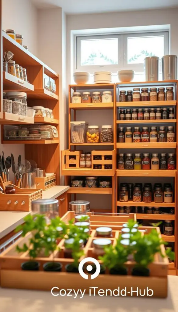 A beautifully organized kitchen featuring an array of stylish kitchen organizers, including cabinet shelves with clear food storage containers, drawer dividers for utensils, and tiered racks displaying spices. In the foreground, showcase wooden and plastic organizers in warm tones that highlight functionality and aesthetic appeal. The middle ground should feature neatly arranged jars and bins, labeled for easy access, surrounded by greenery like small potted herbs for a fresh look. In the background, a softly lit modern kitchen with natural light streaming through a window creates a cozy, inviting atmosphere. The scene should evoke a sense of order and tranquility, reminiscent of Pinterest-inspired home decor. A subtle brand logo "CozyTrendHub" can be integrated into the scene for branding consistency, ensuring no text overlays detract from the visual.