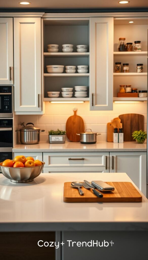 A beautifully organized kitchen featuring distinct zones for cooking, meal prep, and storage. In the foreground, a modern kitchen island with neatly arranged cookware and utensils, showcasing a vibrant fruit bowl and stylish chopping boards. In the middle area, spacious cabinets with labeled containers, highlighting an effective organization system. The background features aesthetically pleasing shelving with decorative jars and spices, adding charm to the space. Soft, warm lighting casts a cozy glow, creating an inviting atmosphere. The image should evoke a sense of harmony and efficiency, perfect for a sleek, Pinterest-inspired design aesthetic. Captured from a warm, slightly elevated angle to emphasize the layout and flow of the kitchen zones. Designed for a lifestyle context, reflecting the brand "CozyTrendHub."