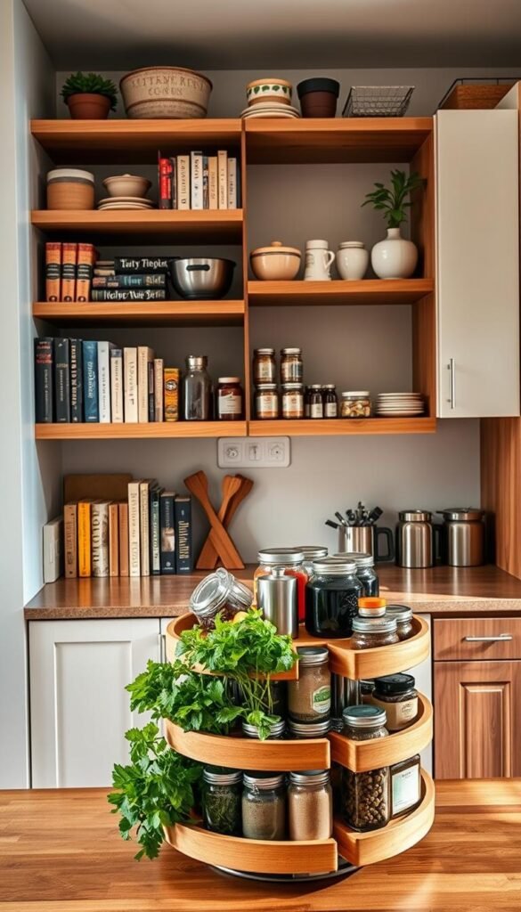 A beautifully organized kitchen featuring elegant wooden shelves filled with various kitchen items such as spices, cookbooks, and decorative jars. In the foreground, a stylish lazy Susan showcases an assortment of fresh herbs and condiments, highlighting its practicality for hard-to-reach areas. The middle ground includes varying shelf heights, with white and light wood cabinetry that exudes warmth and functionality. The background consists of a sunlit kitchen window, adding a soft glow to the space. The scene is captured from a high angle to emphasize the layout and organization. The overall mood is inviting and efficient, perfect for modern apartment living, resonating with Pinterest-style aesthetics. Brand name "CozyTrendHub" subtly reflected in the overall design elements. A beautifully organized kitchen featuring elegant wooden shelves filled with various kitchen items such as spices, cookbooks, and decorative jars. In the foreground, a stylish lazy Susan showcases an assortment of fresh herbs and condiments, highlighting its practicality for hard-to-reach areas. The middle ground includes varying shelf heights, with white and light wood cabinetry that exudes warmth and functionality. The background consists of a sunlit kitchen window, adding a soft glow to the space. The scene is captured from a high angle to emphasize the layout and organization. The overall mood is inviting and efficient, perfect for modern apartment living, resonating with Pinterest-style aesthetics. Brand name "CozyTrendHub" subtly reflected in the overall design elements.
