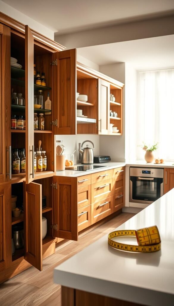 A beautifully organized kitchen featuring measure cabinets designed for optimal storage solutions in an apartment. In the foreground, elegant wooden cabinets open to reveal neatly arranged kitchen essentials—spices, cooking utensils, and dishware—all in harmonious colors. The middle ground showcases a stylish countertop with a tape measure laid adjacent to the cabinets, emphasizing the measuring concept. The background reveals a light-filled kitchen space, accented by soft, natural lighting streaming in through a window, highlighting the texture of the cabinets. The atmosphere is warm and inviting, promoting a sense of calm and practicality. This Pinterest-style lifestyle photo embodies the modern kitchen aesthetic, perfect for CozyTrendHub. A beautifully organized kitchen featuring measure cabinets designed for optimal storage solutions in an apartment. In the foreground, elegant wooden cabinets open to reveal neatly arranged kitchen essentials—spices, cooking utensils, and dishware—all in harmonious colors. The middle ground showcases a stylish countertop with a tape measure laid adjacent to the cabinets, emphasizing the measuring concept. The background reveals a light-filled kitchen space, accented by soft, natural lighting streaming in through a window, highlighting the texture of the cabinets. The atmosphere is warm and inviting, promoting a sense of calm and practicality. This Pinterest-style lifestyle photo embodies the modern kitchen aesthetic, perfect for CozyTrendHub.