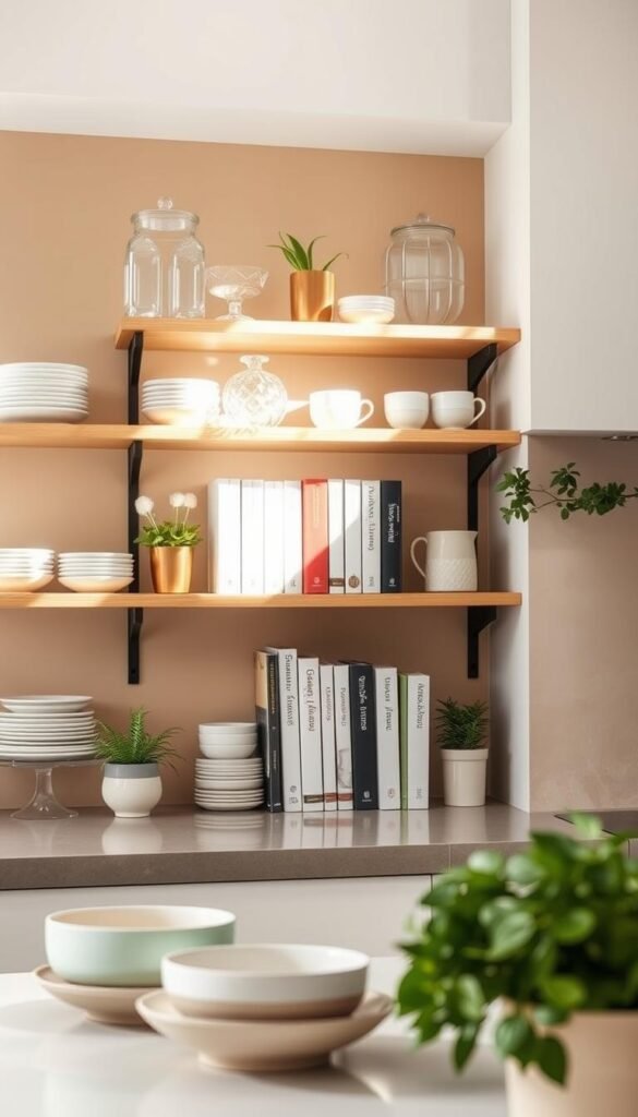 A beautifully organized kitchen featuring open shelves, showcasing neatly arranged dishes, glassware, and a few decorative plants. In the foreground, focus on a set of ceramic bowls in soft pastel colors, while the middle section reveals a variety of cookbooks and elegant mugs. The background is a clean, minimalist wall, painted in a warm neutral tone to enhance the inviting atmosphere. Soft, natural lighting streams in from a nearby window, casting gentle shadows and highlighting the textures of the shelves. The overall mood is serene and welcoming, perfect for a cozy home setting. Designed in a Pinterest-style lifestyle approach, this image reflects the theme of easy access and subtle organization, branded under CozyTrendHub.