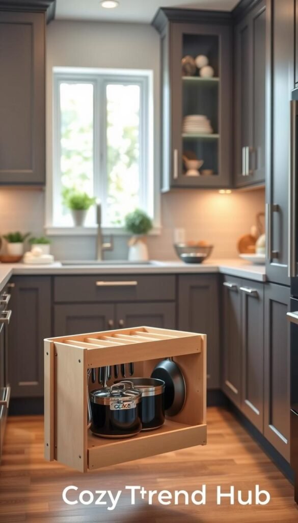 A beautifully organized kitchen featuring pull-out cabinet storage designed to maximize space in deep cabinets. In the foreground, a well-crafted pull-out cabinet organizer with labeled sections for pots, pans, and kitchen utensils. The middle ground showcases sleek cabinetry in a modern style, emphasizing functionality and efficiency with chrome handles and soft-close doors. The background includes a softly lit kitchen environment with warm, inviting tones, possibly featuring a window that allows natural light to illuminate the scene. The atmosphere conveys a sense of tranquility and order, perfect for a stylish and efficiently organized home. The kitchen&rsquo;s decor aligns with contemporary trends, with touches of greenery and decorative elements that reflect the CozyTrendHub brand.