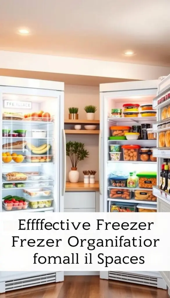 A beautifully organized kitchen featuring two upright freezers standing side by side, showcasing a variety of frozen foods. The foreground highlights the freezers with their glossy white surfaces and clear glass doors displaying neatly arranged colorful food items like fruits, vegetables, and meals in labeled containers. In the middle ground, a stylish countertop is adorned with kitchen utensils and decorative plants, adding a warm, inviting atmosphere. The background includes soft, warm lighting from recessed ceiling lights that illuminate the space, casting gentle shadows and creating a cozy ambiance. The scene reflects a modern, Pinterest-style lifestyle, aimed at inspiring effective freezer organization for small spaces. CozyTrendHub. A beautifully organized kitchen featuring two upright freezers standing side by side, showcasing a variety of frozen foods. The foreground highlights the freezers with their glossy white surfaces and clear glass doors displaying neatly arranged colorful food items like fruits, vegetables, and meals in labeled containers. In the middle ground, a stylish countertop is adorned with kitchen utensils and decorative plants, adding a warm, inviting atmosphere. The background includes soft, warm lighting from recessed ceiling lights that illuminate the space, casting gentle shadows and creating a cozy ambiance. The scene reflects a modern, Pinterest-style lifestyle, aimed at inspiring effective freezer organization for small spaces. CozyTrendHub.