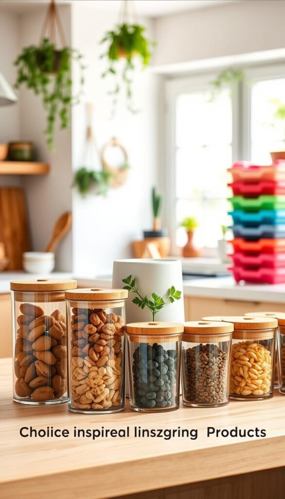 A beautifully organized kitchen featuring various containers in a warm, inviting atmosphere. In the foreground, a sleek set of clear glass storage containers with bamboo lids holds dried fruits and nuts, arranged aesthetically on a light wood countertop. In the middle, a stylish ceramic container holds fresh herbs, and a matching set of colorful stackable plastic bins is neatly lined up, ideal for pantry organization. The background showcases a softly lit kitchen with hanging plants and a bright window allowing natural light to filter in. The overall mood is cozy and practical, reflecting a Pinterest-inspired lifestyle, with an emphasis on functionality and aesthetic appeal. This setting conveys the essence of choice in kitchen organization products from the brand "CozyTrendHub". A beautifully organized kitchen featuring various containers in a warm, inviting atmosphere. In the foreground, a sleek set of clear glass storage containers with bamboo lids holds dried fruits and nuts, arranged aesthetically on a light wood countertop. In the middle, a stylish ceramic container holds fresh herbs, and a matching set of colorful stackable plastic bins is neatly lined up, ideal for pantry organization. The background showcases a softly lit kitchen with hanging plants and a bright window allowing natural light to filter in. The overall mood is cozy and practical, reflecting a Pinterest-inspired lifestyle, with an emphasis on functionality and aesthetic appeal. This setting conveys the essence of choice in kitchen organization products from the brand "CozyTrendHub".