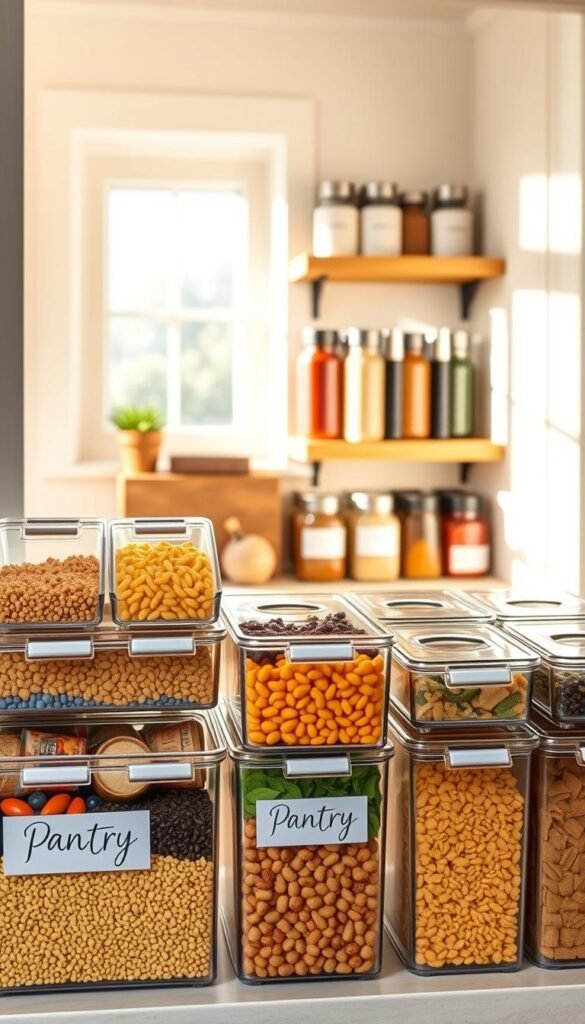 A beautifully organized kitchen pantry featuring a selection of stylish pantry bins and storage containers from "CozyTrendHub". In the foreground, view an array of clear acrylic bins filled with colorful grains, pasta, and snacks, neatly labeled with elegant typography. The middle ground showcases a wooden shelf lined with chic ceramic containers displaying spices and herbs in vibrant hues. The background reveals a softly lit kitchen setting, with warm natural light filtering through a window, casting gentle shadows. The atmosphere is cozy and inviting, reflecting a modern yet homely decor style, perfect for a Pinterest-inspired lifestyle photo. The composition is captured from a slightly elevated angle to emphasize the organization and aesthetic appeal of the pantry setup.