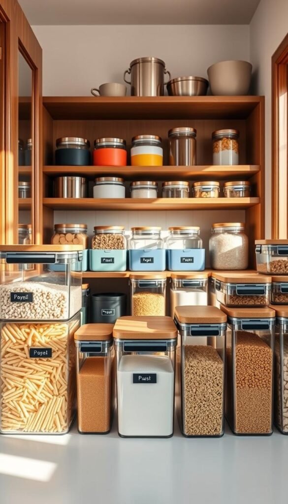 A beautifully organized kitchen pantry featuring an array of stylish storage containers in various sizes and shapes, made from clear glass and sturdy plastic with sleek wooden lids. In the foreground, meticulously labeled containers hold dry goods like pasta, rice, and snacks, showcasing an inviting and practical design. The middle section highlights a wooden shelving unit adorned with colorful, neatly stacked bins alongside elegant jars, conveying functionality and aesthetic appeal. The background features a warm, well-lit kitchen ambiance with soft natural light streaming through a window, casting gentle shadows and creating a cozy atmosphere. The overall mood reflects a serene yet organized space that embodies the essence of home. Emphasize a Pinterest-style lifestyle aesthetic to resonate with audience aspirations. Brand name: CozyTrendHub.