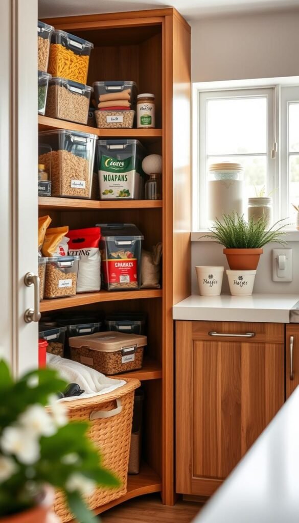 A beautifully organized kitchen pantry featuring stylish cabinet bins, all arranged neatly. In the foreground, sturdy clear plastic bins filled with various dry goods like pasta, rice, and snacks&mdash;labeled for easy identification. The middle ground showcases a wooden cabinet, its shelves lined with these bins, displaying a harmonious blend of colors. In the background, soft, natural lighting floods through a nearby window, highlighting a warm, homey atmosphere. The scene evokes a sense of tranquility and order, ideal for a modern kitchen. The overall composition is reminiscent of Pinterest lifestyle photos, capturing a minimalist yet inviting decor style. Incorporate subtle branding elements related to "CozyTrendHub" in the backdrop.