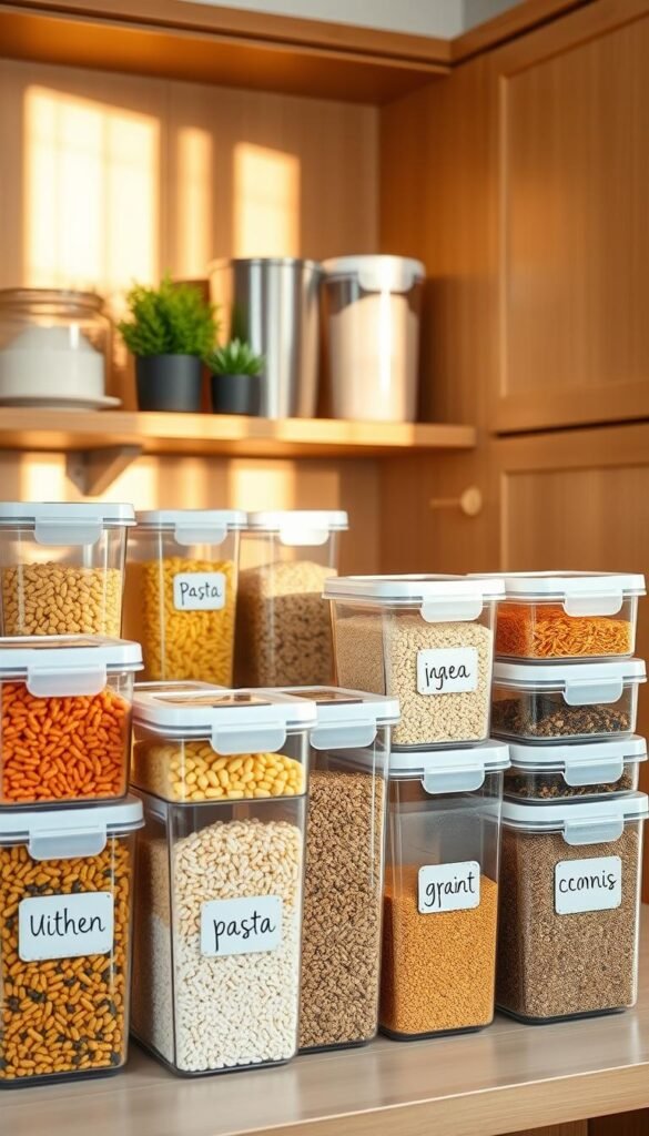 A beautifully organized kitchen pantry showcasing Vtopmart-style airtight food storage containers. In the foreground, several clear, stackable containers filled with colorful pantry staples like pasta, rice, and grains are arranged neatly with modern, handwritten labels. The middle ground features a wooden shelf adorned with these containers, accented by a few decorative kitchen plants. In the background, softly lit, warm-colored cabinetry creates a cozy atmosphere, enhancing the stylish organization theme. The lighting is soft and natural, akin to early morning sun filtering through a nearby window, creating instances of gentle shadows. The scene evokes a lifestyle of simplicity, clarity, and efficiency, perfectly aligned with CozyTrendHub home decor aesthetics.