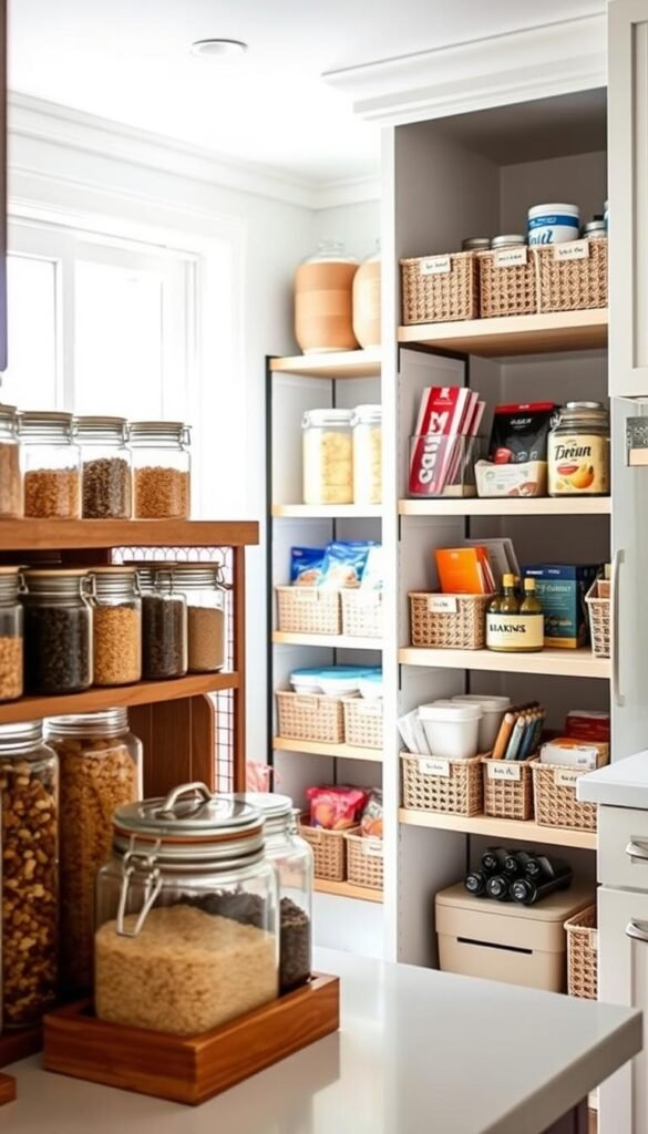 A beautifully organized kitchen pantry showcasing stylish storage solutions by CozyTrendHub. In the foreground, clear glass jars filled with colorful grains and spices neatly arranged on wooden shelves. The middle ground features tiered shelving showcasing labeled baskets containing snacks and baking supplies. The backdrop reveals a bright, airy kitchen with soft natural light streaming through a window, illuminating the organized pantry. The walls are painted in a soft pastel hue, complementing the wooden elements. The atmosphere exudes a sense of calm and efficiency, perfect for reducing daily prep time. The image captures a Pinterest-style lifestyle aesthetic, ideal for inspiring home organization.