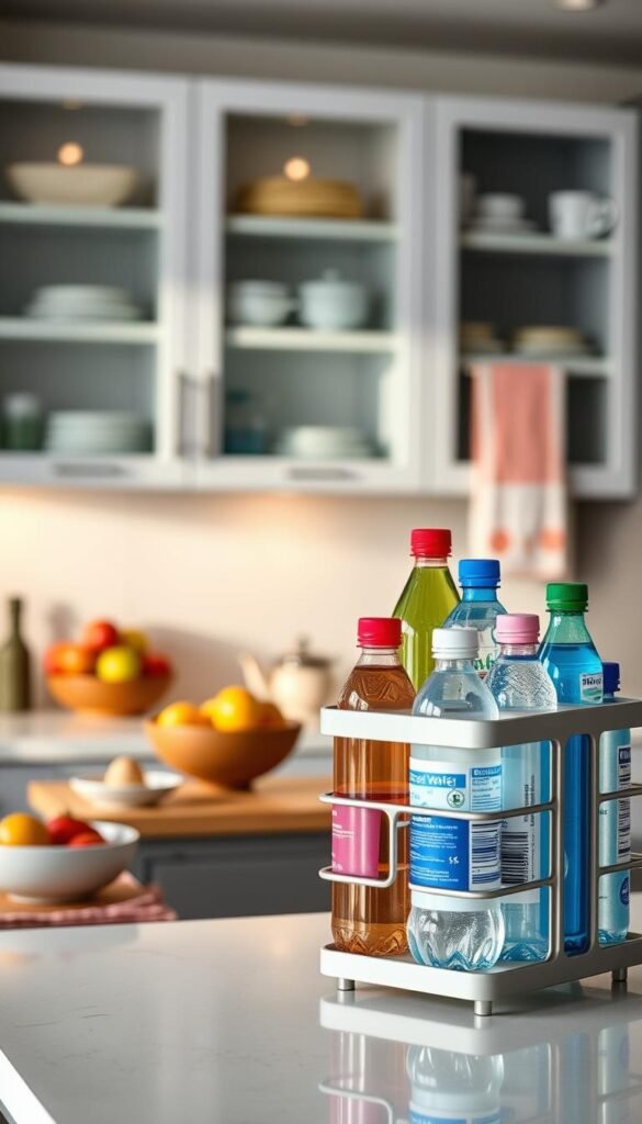 A beautifully organized kitchen scene featuring a stylish water bottle organizer from CozyTrendHub placed on a sleek countertop. In the foreground, the organizer showcases various water bottles in an array of colors and sizes, neatly arranged for easy access. The middle ground includes a few attractive kitchen accessories like fruit bowls and dish towels, enhancing the organization theme. The background is soft-focused but hints at modern cabinetry and ambient lighting that creates a warm and inviting atmosphere. Use natural light to emphasize the cleanliness and functionality of the space, and shoot from a slightly elevated angle to capture the layout effectively. The mood is fresh and decluttered, reflecting a practical yet chic kitchen environment suitable for everyday use. A beautifully organized kitchen scene featuring a stylish water bottle organizer from CozyTrendHub placed on a sleek countertop. In the foreground, the organizer showcases various water bottles in an array of colors and sizes, neatly arranged for easy access. The middle ground includes a few attractive kitchen accessories like fruit bowls and dish towels, enhancing the organization theme. The background is soft-focused but hints at modern cabinetry and ambient lighting that creates a warm and inviting atmosphere. Use natural light to emphasize the cleanliness and functionality of the space, and shoot from a slightly elevated angle to capture the layout effectively. The mood is fresh and decluttered, reflecting a practical yet chic kitchen environment suitable for everyday use.