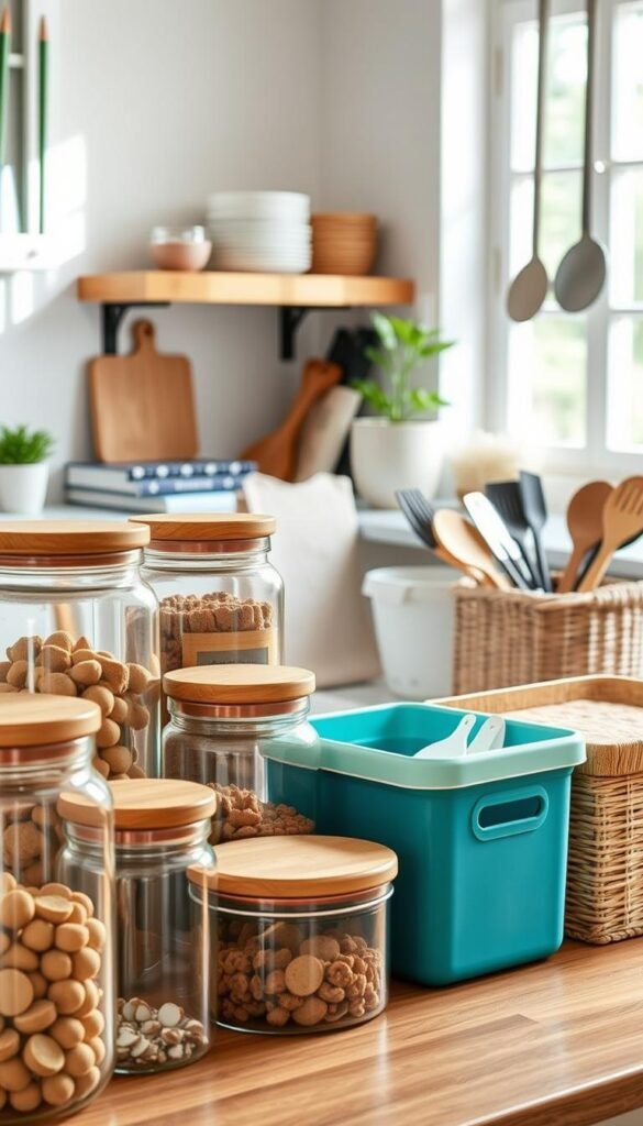A beautifully organized kitchen scene featuring various kitchen organizers that reflect the CozyTrendHub brand. In the foreground, stylish storage containers in an array of sizes and materials, including clear glass jars with wooden lids, vibrant plastic bins, and woven baskets filled with kitchen essentials. The middle space showcases a well-arranged countertop with a neatly stacked cookbook, a potted herb, and sleek utensils. The background hints at a cozy and modern kitchen setting, with soft natural light flooding in from a window, illuminating the space. The atmosphere is inviting and fresh, perfect for showcasing smart and practical solutions for kitchen organization, ideal for the 2026 reset. The image should capture an elegant yet functional vibe, embodying modern home decor aesthetics.