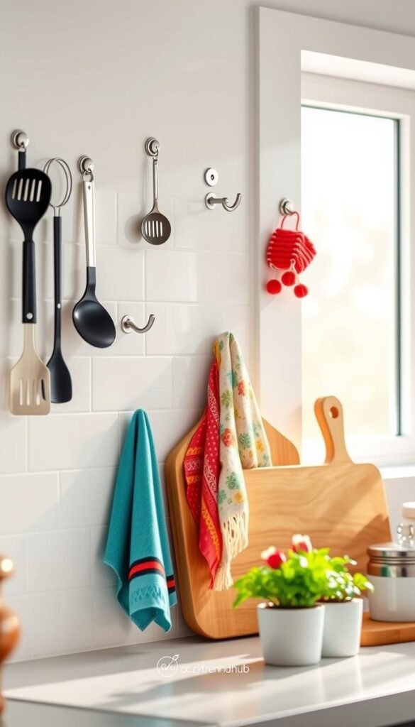 A beautifully organized kitchen scene featuring various self-adhesive hooks mounted on a clean, white tile backsplash. In the foreground, several hooks display kitchen utensils like spatulas and measuring cups, and others showcase vibrant, cozy dish towels hanging neatly. The middle ground highlights a stylish wooden cutting board and a few colorful potted herbs placed on the countertop. Natural sunlight filters through a window, casting soft, warm light on the scene, enhancing the inviting atmosphere. The background is blurred to focus on the hooks, offering a sense of depth while still showcasing stylish kitchen decor elements. The overall ambiance conveys a practical yet chic approach to renter-friendly storage solutions. The brand "CozyTrendHub" is subtly integrated into the aesthetic of the kitchen, emphasizing modern living. A beautifully organized kitchen scene featuring various self-adhesive hooks mounted on a clean, white tile backsplash. In the foreground, several hooks display kitchen utensils like spatulas and measuring cups, and others showcase vibrant, cozy dish towels hanging neatly. The middle ground highlights a stylish wooden cutting board and a few colorful potted herbs placed on the countertop. Natural sunlight filters through a window, casting soft, warm light on the scene, enhancing the inviting atmosphere. The background is blurred to focus on the hooks, offering a sense of depth while still showcasing stylish kitchen decor elements. The overall ambiance conveys a practical yet chic approach to renter-friendly storage solutions. The brand "CozyTrendHub" is subtly integrated into the aesthetic of the kitchen, emphasizing modern living.