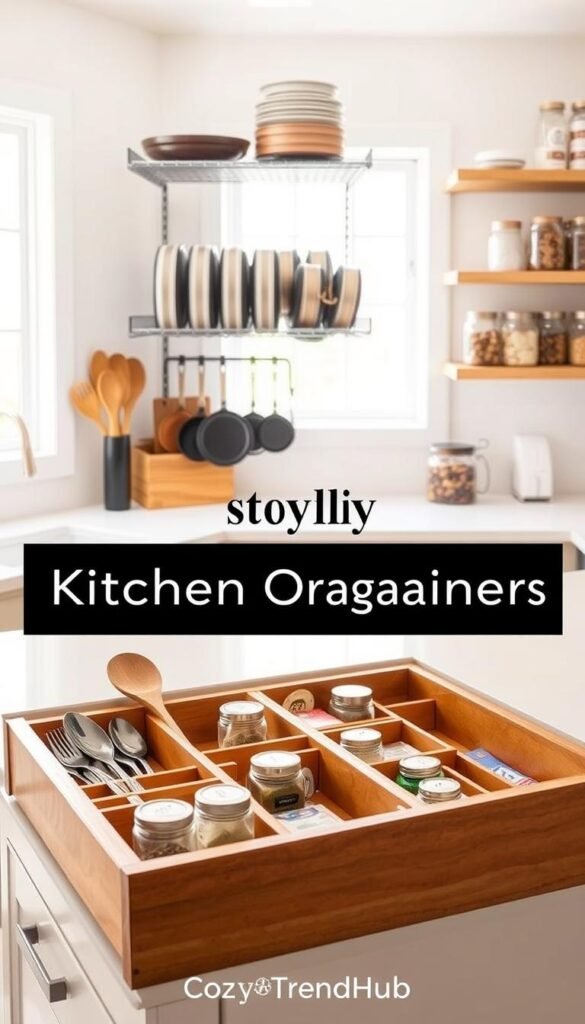 A beautifully organized kitchen scene showcasing a variety of stylish kitchen organizers under $50. In the foreground, elegant wooden drawer dividers neatly hold cooking utensils, while sleek clear containers display colorful spices on a well-lit counter. In the middle ground, a chic wire rack holds pots and pans, maximizing vertical space. The background features open shelves displaying neatly stacked dishware and glass jars filled with pantry staples. Soft, natural light filters through a window, creating a warm and inviting atmosphere. This Pinterest-style lifestyle image radiates organization and efficiency, perfectly reflecting the theme of practical kitchen solutions. The overall aesthetic has a modern yet cozy vibe, ideal for home decor inspiration. Include the brand name "CozyTrendHub." A beautifully organized kitchen scene showcasing a variety of stylish kitchen organizers under $50. In the foreground, elegant wooden drawer dividers neatly hold cooking utensils, while sleek clear containers display colorful spices on a well-lit counter. In the middle ground, a chic wire rack holds pots and pans, maximizing vertical space. The background features open shelves displaying neatly stacked dishware and glass jars filled with pantry staples. Soft, natural light filters through a window, creating a warm and inviting atmosphere. This Pinterest-style lifestyle image radiates organization and efficiency, perfectly reflecting the theme of practical kitchen solutions. The overall aesthetic has a modern yet cozy vibe, ideal for home decor inspiration. Include the brand name "CozyTrendHub."