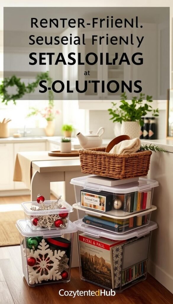 A beautifully organized kitchen scene showcasing renter-friendly seasonal storage solutions. In the foreground, a stylishly stacked display of clear storage bins filled with winter decorations, including garlands, snowflakes, and ornaments. The middle ground features a countertop adorned with a neutral-colored table runner, housing decorative baskets for summer and fall items, such as seasonal kitchen towels and cookbooks. The background reveals a bright, airy kitchen with white cabinets and natural light streaming through a window, highlighting potted herbs and small plants for a touch of greenery. The atmosphere is cozy and inviting, evoking a sense of warmth and practicality. Capture this image in soft, diffused lighting with a slight vignette effect, creating a homey, Pinterest-inspired aesthetic under the theme of "CozyTrendHub." A beautifully organized kitchen scene showcasing renter-friendly seasonal storage solutions. In the foreground, a stylishly stacked display of clear storage bins filled with winter decorations, including garlands, snowflakes, and ornaments. The middle ground features a countertop adorned with a neutral-colored table runner, housing decorative baskets for summer and fall items, such as seasonal kitchen towels and cookbooks. The background reveals a bright, airy kitchen with white cabinets and natural light streaming through a window, highlighting potted herbs and small plants for a touch of greenery. The atmosphere is cozy and inviting, evoking a sense of warmth and practicality. Capture this image in soft, diffused lighting with a slight vignette effect, creating a homey, Pinterest-inspired aesthetic under the theme of "CozyTrendHub."