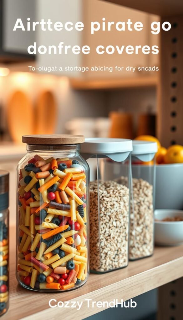 A beautifully organized kitchen shelf showcasing an array of airtight storage containers for dry goods, including grains, pasta, and snacks. The foreground features a clear glass jar filled with colorful pasta, topped with a bamboo lid, alongside a sleek, modern container filled with oats. The middle ground includes a stylish ceramic bowl with fresh fruits, harmonizing with a neutral color palette. In the background, a softly blurred kitchen setting with warm, natural lighting creates an inviting and cozy atmosphere. The scene captures a Pinterest-inspired lifestyle aesthetic, emphasizing cleanliness and freshness. The brand name "CozyTrendHub" subtly integrated into the design.