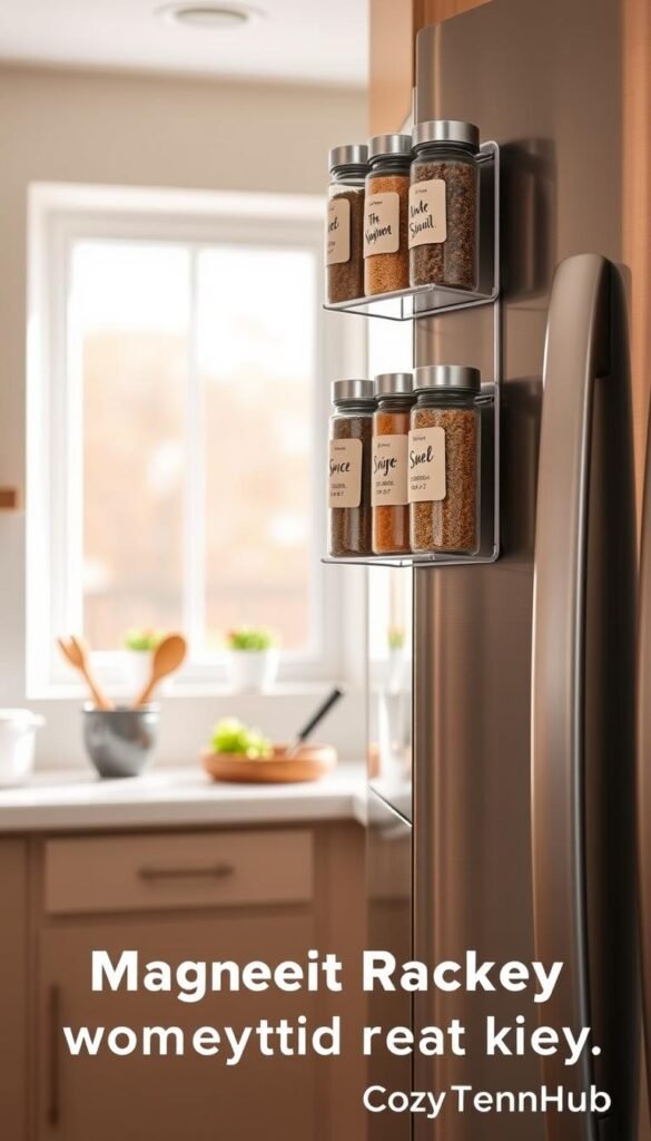 A beautifully organized kitchen showcasing a magnetic spice rack shelf attached to the side of a modern refrigerator. The spice rack is filled with clear glass spice jars labeled with elegant handwritten tags, displaying a variety of colorful spices. The foreground captures the spice rack vividly, with a slight angle to highlight the magnetic attachment. In the middle, a well-lit kitchen with bright, natural light streaming through a window illuminates a clean countertop adorned with cooking utensils and fresh herbs. The background features soft pastel-colored walls and minimalist kitchen decor, creating a cozy and inviting atmosphere. The mood is warm and efficient, reflecting the theme of home organization. The image aligns with the brand aesthetic of "CozyTrendHub," embodying a Pinterest-inspired lifestyle feel. A beautifully organized kitchen showcasing a magnetic spice rack shelf attached to the side of a modern refrigerator. The spice rack is filled with clear glass spice jars labeled with elegant handwritten tags, displaying a variety of colorful spices. The foreground captures the spice rack vividly, with a slight angle to highlight the magnetic attachment. In the middle, a well-lit kitchen with bright, natural light streaming through a window illuminates a clean countertop adorned with cooking utensils and fresh herbs. The background features soft pastel-colored walls and minimalist kitchen decor, creating a cozy and inviting atmosphere. The mood is warm and efficient, reflecting the theme of home organization. The image aligns with the brand aesthetic of "CozyTrendHub," embodying a Pinterest-inspired lifestyle feel.