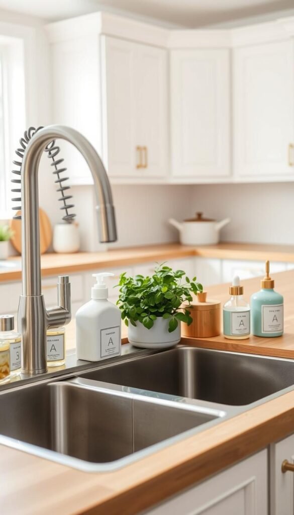A beautifully organized kitchen sink area featuring a modern farmhouse sink with a brushed stainless steel finish. In the foreground, we see neatly arranged cleaning supplies in stylish, labeled containers, showcasing natural wood and pastel-colored elements. The middle ground highlights a wooden countertop adorned with a potted herb plant and a decorative soap dispenser, providing an inviting touch. In the background, soft kitchen cabinets painted in a light color contrast with brass fixtures, creating a warm and cozy atmosphere. The lighting is bright and diffuse, resembling natural daylight, enhancing the freshness of the scene. The angle is slightly elevated, offering a spacious view of the organized sink area, perfect for a Pinterest-style lifestyle image by CozyTrendHub.