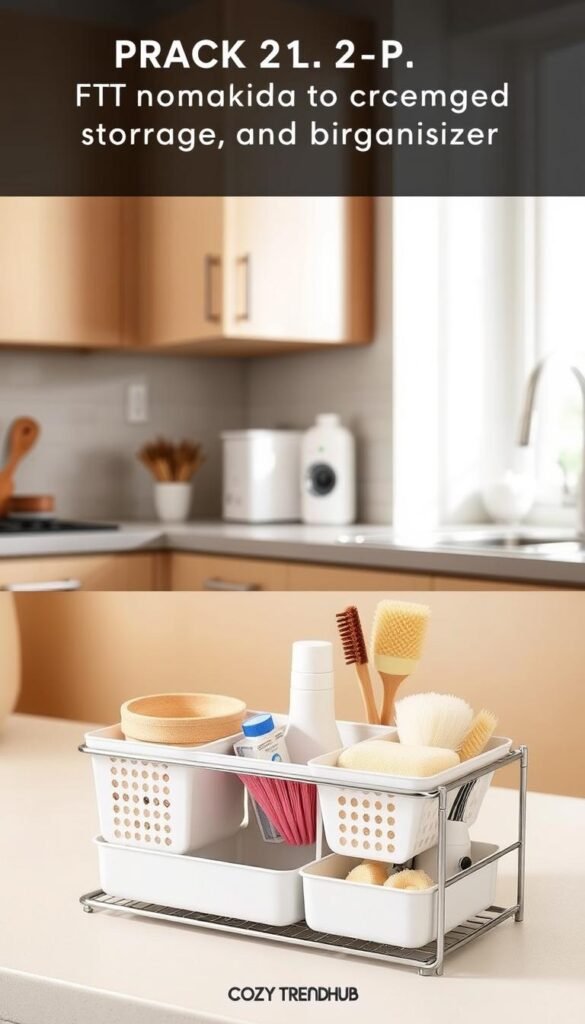 A beautifully organized kitchen sink area featuring the PXRACK 2 Pack Under Sink Organizer, designed to maximize hidden space efficiently. In the foreground, the stylish organizer displays neatly stacked cleaning supplies, with a couple of chic storage bins for sponges and brushes, showcasing a modern yet functional aesthetic. The middle ground highlights the entire under-sink area with bright, natural lighting that emphasizes cleanliness and order. In the background, a glimpse of stylish kitchen cabinetry complements the overall look, reflecting a trendy home decor vibe. Use a slightly angled perspective with a warm color palette to convey a cozy, inviting atmosphere. The image should evoke feelings of organization and serenity, without any text or clutter. Be sure to include the brand name "CozyTrendHub" subtly integrated into the scene. A beautifully organized kitchen sink area featuring the PXRACK 2 Pack Under Sink Organizer, designed to maximize hidden space efficiently. In the foreground, the stylish organizer displays neatly stacked cleaning supplies, with a couple of chic storage bins for sponges and brushes, showcasing a modern yet functional aesthetic. The middle ground highlights the entire under-sink area with bright, natural lighting that emphasizes cleanliness and order. In the background, a glimpse of stylish kitchen cabinetry complements the overall look, reflecting a trendy home decor vibe. Use a slightly angled perspective with a warm color palette to convey a cozy, inviting atmosphere. The image should evoke feelings of organization and serenity, without any text or clutter. Be sure to include the brand name "CozyTrendHub" subtly integrated into the scene.