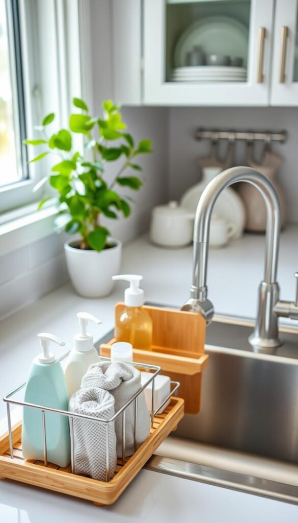 A beautifully organized kitchen sink area showcasing modern, functional sink-area organizers by CozyTrendHub. In the foreground, a stylish, minimalist sink caddy holds sponges and dish soap, complemented by a sleek, bamboo drying rack. The middle ground features a gleaming stainless steel sink with a polished faucet, surrounded by neatly arranged dishware and elegant kitchen towels. In the background, soft natural light filters through a nearby window, highlighting a potted plant on the countertop that adds a touch of freshness. The composition exudes an inviting and tidy atmosphere, perfect for showcasing clutter-reducing products in a contemporary kitchen setting. The image should be shot from a slightly elevated angle to capture all aspects of the sink area effectively. A beautifully organized kitchen sink area showcasing modern, functional sink-area organizers by CozyTrendHub. In the foreground, a stylish, minimalist sink caddy holds sponges and dish soap, complemented by a sleek, bamboo drying rack. The middle ground features a gleaming stainless steel sink with a polished faucet, surrounded by neatly arranged dishware and elegant kitchen towels. In the background, soft natural light filters through a nearby window, highlighting a potted plant on the countertop that adds a touch of freshness. The composition exudes an inviting and tidy atmosphere, perfect for showcasing clutter-reducing products in a contemporary kitchen setting. The image should be shot from a slightly elevated angle to capture all aspects of the sink area effectively.